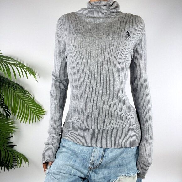 Women's Vintage Y2K U.S. Polo Assn. Gray Ribbed Fitted Turtleneck Sweater / M - Picture 1 of 5